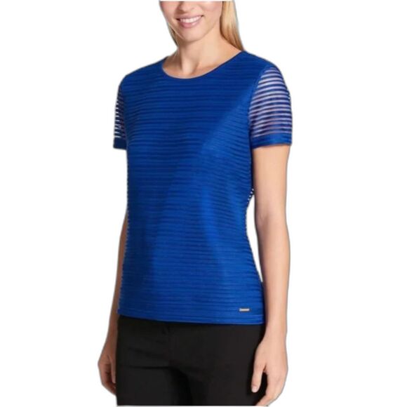 Calvin Klein Blue Striped Textured Blouse Size M Double Layer Stretch Pullover - Picture 1 of 10
